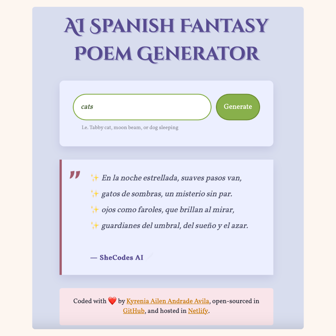 Screenshot from the AI Spanish Fantasy Poem Generator project